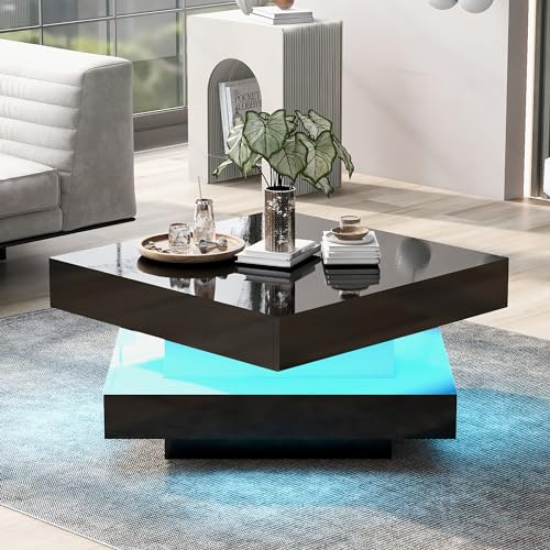 BTM Table Basse carrée Noire laquée Brillante avec Plateau pivotant - Style Techno Moderne avec 16 LED, 70 x 70 x 36 cm, Rotation à 360°