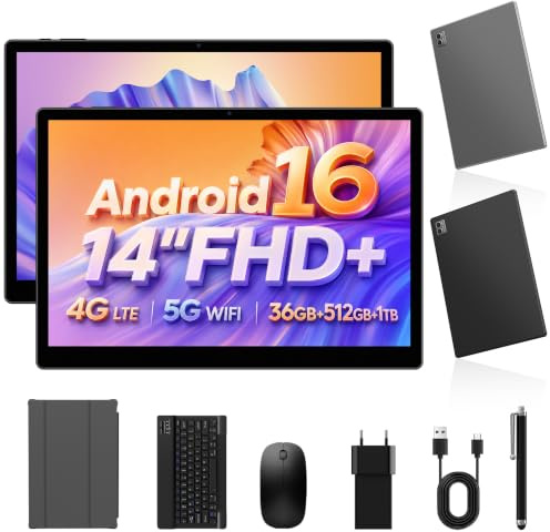 ANTIOXID Tablet 14 Pulgadas Android 16 Tabletas con Tarjeta SIM/WiFi,120 Hz,2 GHz Octa-Core,Gemini AI,36GB RAM+512 GB ROM (TF 1TB),11580 mAh,tabletas con Teclado