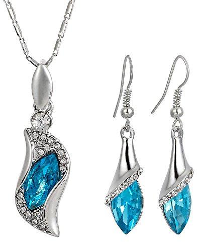RIVA Schmuckset Anhänger mit 44cm(17) Kette & Ohrhänger Ohrringe Marquiseschliff Österreichische Kristall Strass [Aquamarin] in 18K Weißes Gold Vergoldet, Einfache Moderne Eleganz