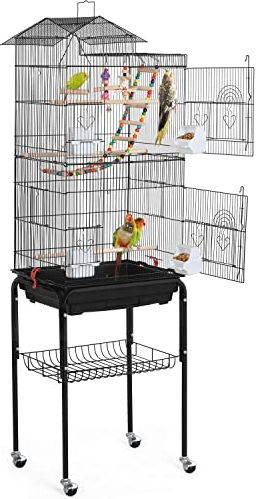 Yaheetech Bird Cage Large Roof Top Budgie Cage Metal Parrot Cage with Rolling Stand for Cockatiel Parakeet Finch Lovebird Black