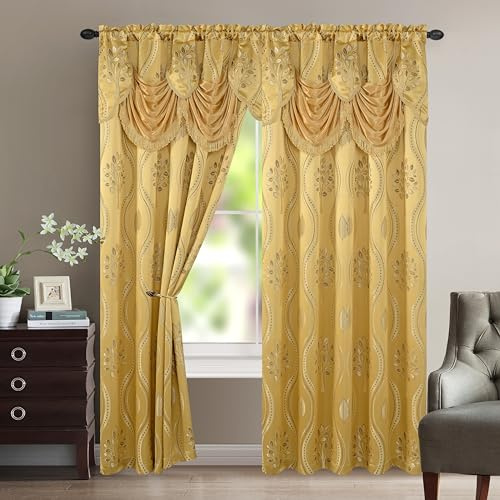 Elegant Comfort Aurora - Set di 2 tende con mantovana attaccata, effetto jacquard, 137 x 213 cm, colore: Oro
