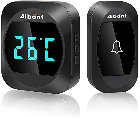 Wireless Doorbell, Thermometer,IP44 Waterproof Door Bell Chime Kit with 1000ft Range,38 Chimes,0-100dB Loud 4-Level Volume and LED Display,Plug in Doorbells Cordless for Home,Office-Batteries Include