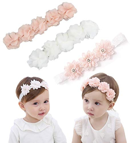 IYOU Lot de 3 bandeaux à fleurs pour bébé fille avec ruban gros-grain en simili cuir et étoiles Pour les fêtes et les mariages