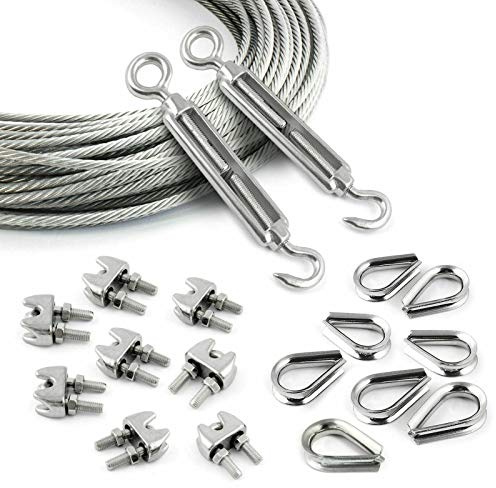 DQ-PP Juego de cuerdas de acero, 4 mm, 200 m, 8 abrazaderas de 4 mm, 2 ganchos M4, 8 guardacabos de 4 mm, acero inoxidable INOX, 7 x 7 de dureza media, cable de alambre para enrejado