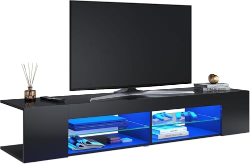 SONNI TV-Regal mit LED (16 Farben) Glasböden Hochglanz Schwarz 135x39x30cm