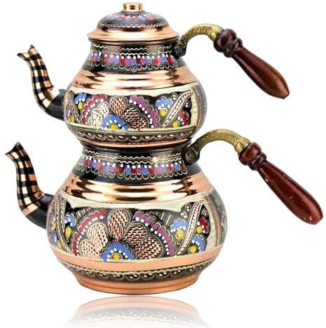 LaModaHome Handmade Vintage Traditional Turkish Copper Teapot Set - Antique Decorative Designed Tea Kettle with Wood Handle and Lid, Kitchen Set, Water Heater, Gas and Electric Stovetop Compatible