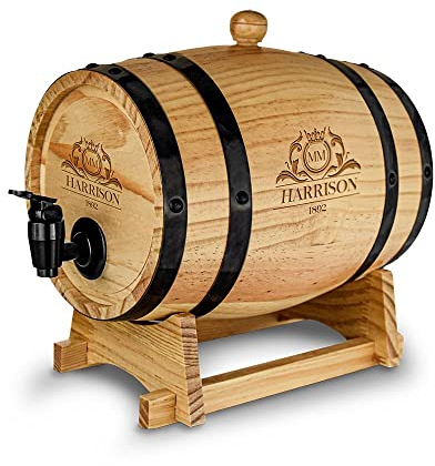 MikaMax Holzfass Spender 3L – Traditionelles Reifungsfass für Wein und Whiskey, Wooden Barrel Dispenser, mit Ständer und Zapfhahn – Dekoratives Fass aus natürlichem Holz – Ø 20 cm