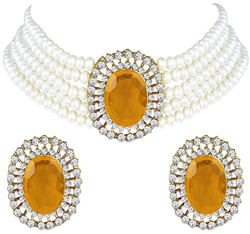 Aheli Kundan Pearl Choker Multi Layered Beaded Necklace Earring Indian Traditional Wedding Bharatanatyam jewellery set Gift for Women