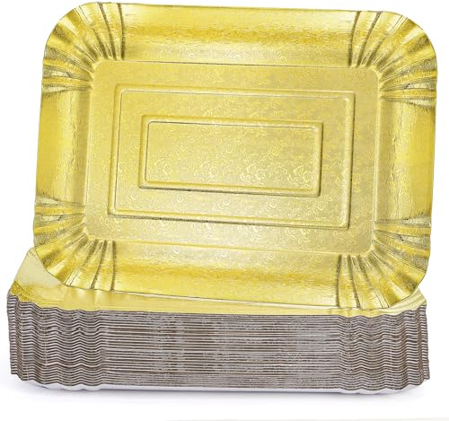 ZEAYEA 30 Pack Gold Serving Trays, Cookie Trays Platter for Parties, Rectangle Sturdy Paper Cardboard Serving Platters for Dessert Table, Cupcake Display, Birthday Party, Wedding, 35.5 x 25.5 cm