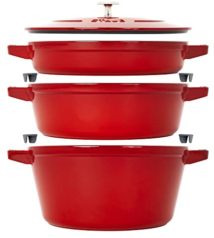 STAUB Gusseisen-Set 4-teilig, stapelbares platzsparendes Kochgeschirr-Set, Dutch Oven, Bratpfanne, Grillpfanne mit Universaldeckel, Made in France, Kirsche