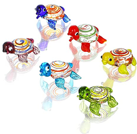 HDCRYSTALGIFTS Set mit 6 handgefertigten Mini-Meeresschildkröten-Figuren, mundgeblasenes Meerestier, Sammlerstücke, Ornament, Kunst, Glas, Miniatur-Dekoration