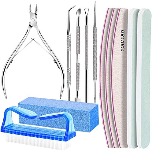 1x Nagelpflege Set 12er inkl. doppelseitige Nagelfeilen 100/180 Nagel Buffer Block Nagelhautschieber Eckenheber Nagelzange Nagelknipser und Nagelbürste für Ihre Maniküre und Pediküre (1x Set)