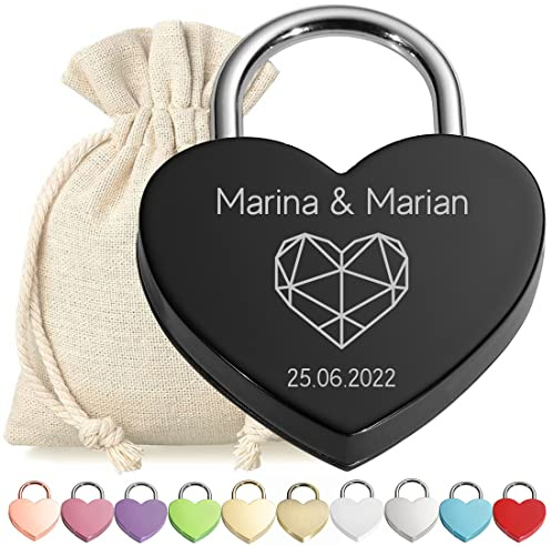 polar-effekt Herz Liebes-Schloss Bügelschloss personalisierte Gravur Schwarz - Motiv Polygon Herz - Geschenkbeutel - mit Schlüssel - Jahrestag, Verlobung - Sie & Ihn - Paar, Ehepaar - Present, Love