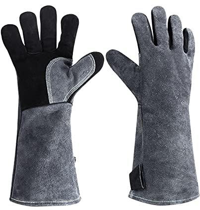1 paire de gants résistants à la chaleur et au feu extrêmes 500 °C en cuir pour cheminée, cuisinière, four, soudure, barbecue, manique pour animaux