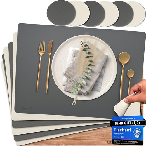 Mahewa® 6er Set Premium Tischset aus Kunstleder - Platzset abwaschbar und wasserdicht - Platzdeckchen Telleruntersetzer in Lederoptik (Dunkelgrau/Creme, Eckig)