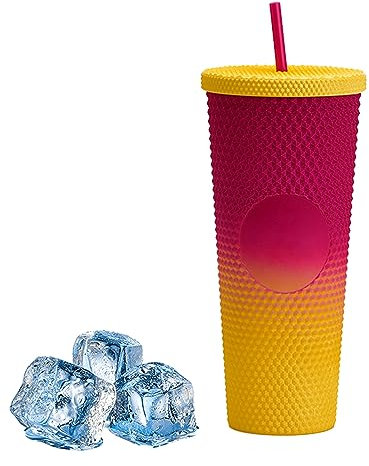 EBbels Nieten Becher Mit Deckel Und Strohhalm, 710ml Doppelwandiger Kaltbecher Aus Kunststoff, Tragbar Reisebecher Für Kaffee, Milch, Tee, Wasser, Saft (6)