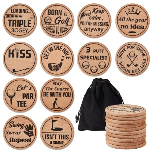 Namalu 12 Stück Lustige Golfball Marker Gravierte Golf Marker | Ballmarker Holz, Neuartiges Geschenk Vatertag, Neuartiges Geschenk zu Weihnachten, Für Putting Greens, Für Schlechte Putter