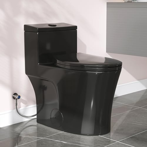 HOROW T0338WB Elongated One Piece Toilet Black, Compact Modern Toilet with Comfortable Seat Height, ADA Chair Height 17.3, Power Dual Flush 0.8/1.28 GPF, Matte Black, 12 Rough-in