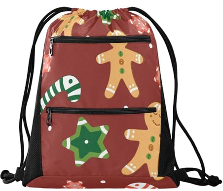 FRODOTGV Sac à dos de Noël en pain d'épices rouge avec cordon, sac de gym, sac à dos de natation avec poches en maille, Pain d'épices de Noël rouge, One Size