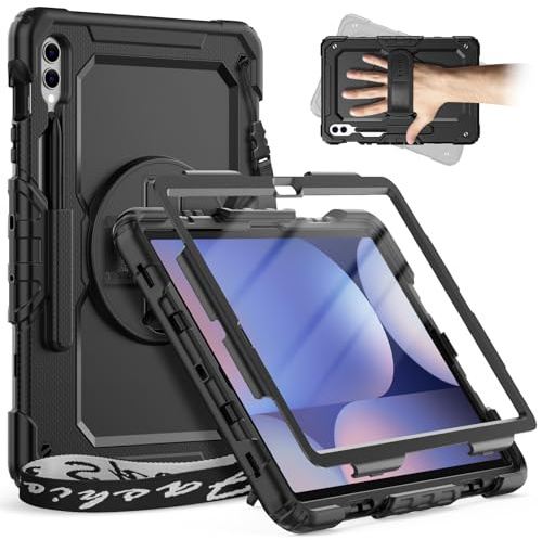 Timecity Hülle für Samsung Galaxy Tab S10+ Plus / S9 FE+ Plus / S9+ Plus | für Galaxy Tab S10 Plus Case, 12,4 Zoll, mit 360° Drehbarem Ständer/Handschlaufe/Schultergurt/Stifthalter- Schwarz