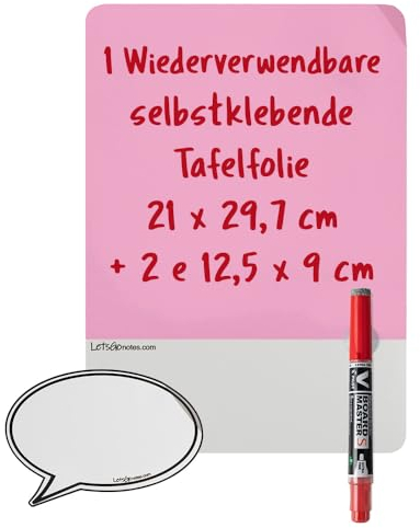 LETSGONOTES A4 Lila, Tafelfolie Selbstklebend + Folienstift Abwischbar + 2 Sticky Notes. Kleben/Lösen Überall Ohne Papier
