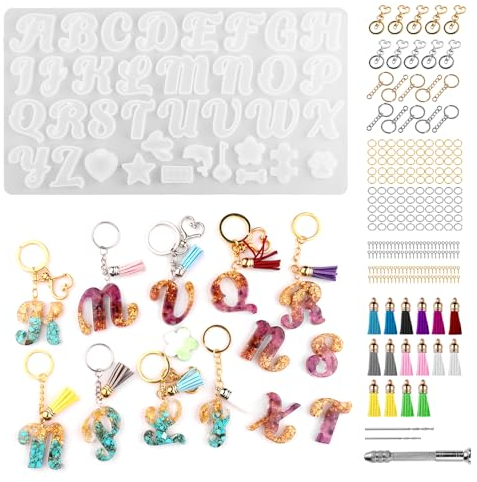 wikimo Silikonform für Buchstaben-Schlüsselanhänger aus Epoxidharz mit Accessoires, Gießformen Buchstaben geeignet für Komplettset für Anfänger die Herstellung von Schmuck, Dekorationen