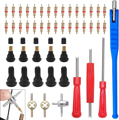 Ventilschrauber Tyre Valve Core Tool Set, Reifenventilentferner, autoventil Adapter, Doppel & Einzelkopf Ventil Entferner, für Auto, Motorrad, mit TR412 Snap-in Gummi Reifen Ventile,47 Stücke