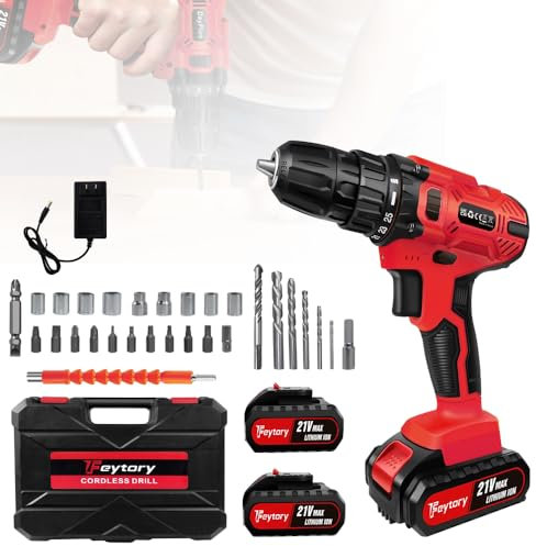 21V Akkubohrer mit 2 Akkus Bohrmaschine Schrauber Akku-Bohrschrauber Set Schlagbohrschrauber 25+1 Drehmomentstufen 45Nm Akkuschrauber mit 2-Gang, LED-Licht, 26tlg Zubehör für Haus DIY Projekt
