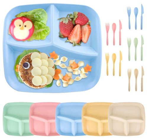 VFANDV 5 Pezzi Set Piatti Piani Divisi, Piatti per Bambini e Adulti con Coltelli, Forchette e Cucchiai Piatto Porzionato