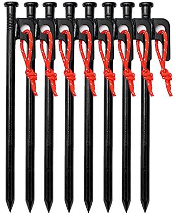 Robuste Zeltheringe, Zeltpflöcke, Campingzeltpflöcke, mit Haken und Loch, mit robuster Tragetasche, für Outdoor-Ausflüge, Wandern, Gartenarbeit, große, harte Böden, felsig, schwarz (schwarz, 8 St