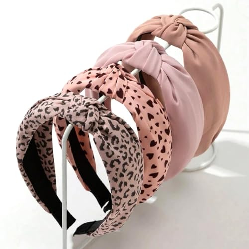 Kotkiddy 4 Stück Stirnbänder für Damen, Rutschfest, Modisch, Damen-Stirnbänder für Haare, süßes Haarband für Damenhaare(Leopardenmuster und Herzmuster in Rosa)