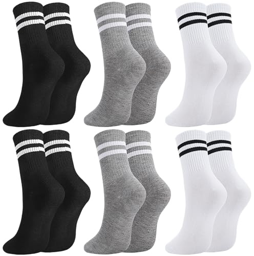 ViEinkaufen 6 Pairs Striped Crew Socks Multipack Cotton Sports Running Socks for Men Women Size UK 9-12, Soft Athletic Socks Breathable Black White Grey Socks for Work School Casual Walking