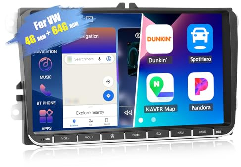 4G+64 GB CAMECHO Android 15-baserad bilradio för VW Golf 5 och Polo samt Škoda – med navigering, CarPlay och Android Auto, 9-tums touchskärm, Bluetooth, MirrorLink, FM/RDS, WiFi, SWC och USB
