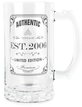 Purely Home Born in 2006 Gift Glass Stein - Vintage Beer Glass Present - 450ml Drinking Cup/Tankard Mug with Handle Gifts for Birthdays
