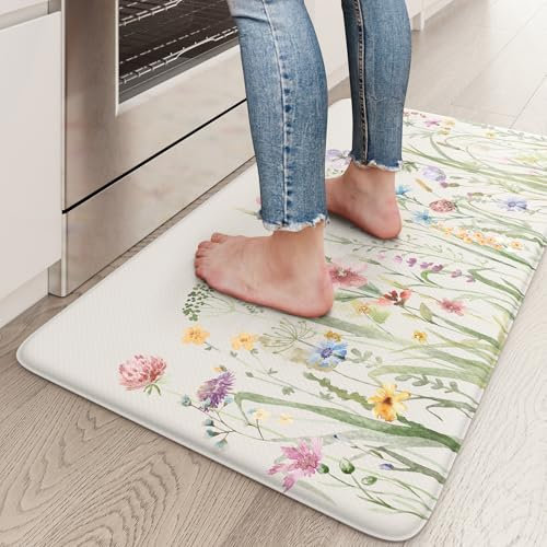 KIMODE Küchenmatte gegen Ermüdung, 43,9 x 73,7 cm, Boho-Blumenmuster, rutschfest, wasserdicht, Küchenmatte für Boden, gepolsterte Komfort-Stehmatte für Wäsche, Büro, Spüle, Schreibtisch, Weiß