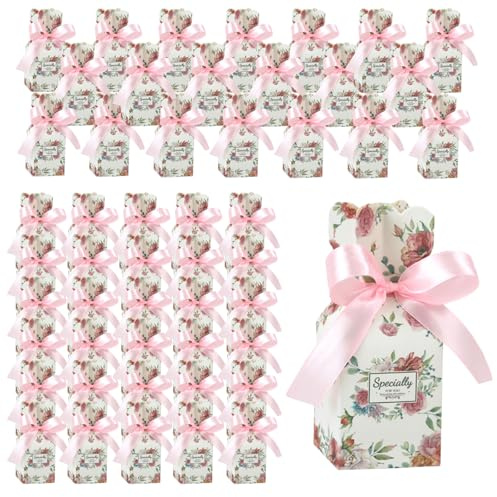50 Stück Papier Süßigkeitenboxen, Gastgeschenk Hochzeit Geschenkboxen klein Süßigkeiten Karton mit Bändern Süßigkeiten Geschenkbox Klein Geschenk Box für Geburtstag Hochzeit Taufe Geburt Party (Rosa)