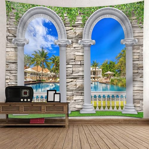 Musihy Landschaft Wandteppich | Polyester Gewölbte Tür Palme Swimmingpool Wandbehang Dekoration für Wohnzimmer Schlafzimmer & Schlafsaal | Mehrfarbig, 300x256cm