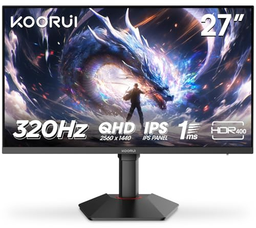 KOORUI G2721E Monitor da gioco da 27 pollici, 320 Hz, Fast IPS, QHD 1440P, 1 ms, sincronizzazione adattiva, sollevamento regolabile, montaggio VESA, HDMI/DP, luce blu bassa, 99% SRGB