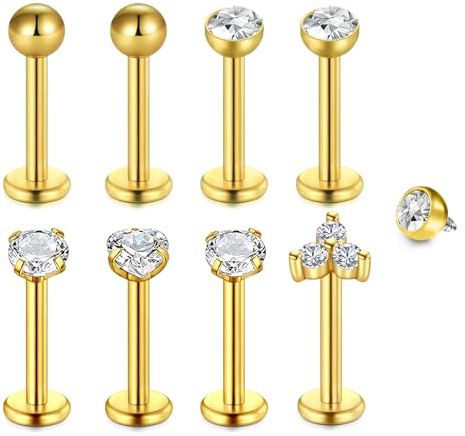 WillTen 8Pcs Tragus Piercing Helix Piercings Labret Piercing Lippenpiercing, 16G Tragus Piercing Silber Helix Piercings Gold Medusa Piercing Ohrpiercing Chirurgenstahl Piercing Ohr Helix Conch