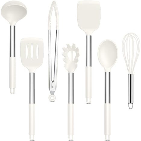 Joyfair Juego de utensilios de cocina, 7 unidades, color blanco, antiadherente, resistente al calor, utensilios de cocina para cocinar, hornear, flip, fácil de limpiar y apto para lavavajillas