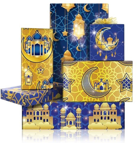 6 ark Eid Mubarak omslagspapper, blå och guld ramadan omslagspapper måne stjärna Pelita moské presentpapper för islam semester Eid Al-fitr Corban festival muslimsk fest presentförpackning, 68 x 51 cm