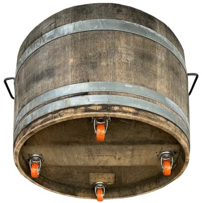 Fassl Baron gebrauchtes Weinfass naturbelassen,-Eisengriffe & 4X Rollen- D/H=70/40cm Holzfass halbiert aus Eiche als Pflanzkübel oder Miniteich (D70 H40 cm 100 Liter)