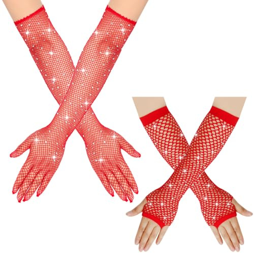 SamHeng Rhinestone Guantes de Red de Pesca Mujer, 2 Pares Brillante Guantes de Malla Guantes Sin Dedos Guantes Largos para 80s Fiesta Disfraz Halloween Disco Cosplay Rock Baile (Rojo)