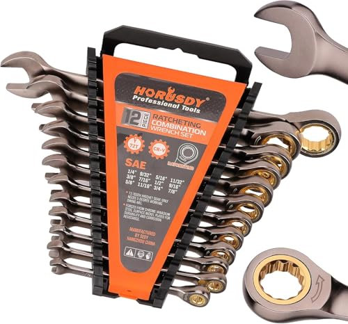 HORUSDY 12-Piece SAE Flex-Head Ratcheting Spanner Set with Organizer | 1/4” to 7/8“ Ratchet Combination Spanners Set | 72-Teeth | Chrome Vanadium Steel