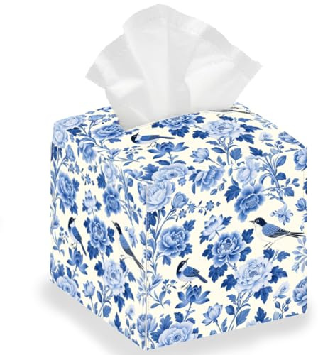 DELORIGIN Blue Flowers and Birds Tissue Storage Box, Square Foldable Tissue Box Holder Waterproof Leather Paper Towel Case Cover Container Organizer for Bedroom Office Car, 13 * 13 * 13cm