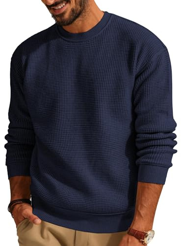 QUNERY Maglione Girocollo da Uomo Pullover Autunno Invernale Maglia Waffle Lavorato Maglioni Casual Manica Lunga Blu Scuro M