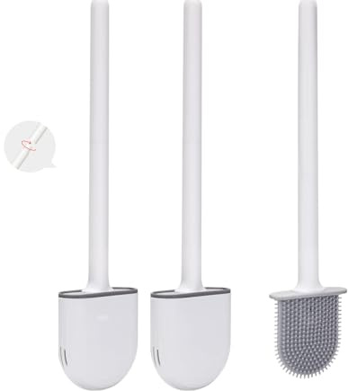 Ziyonix Escobillas de Baño Silicona 2Pcs, Silicona Cepillo de Baño y Soportes, Cepillo Toilet Plana Mango Largo, Flexibles Escobillas WC de Pared con Secado Rápido Soporte Ventilado, Blanco