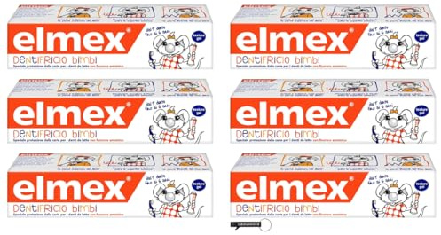 Elmex - Pasta per bambini da 0 a 6 anni, con ridotta concentrazione di fluori di ammina per proteggere il tè dei bambini, anticaria, 0% dyes, 50 ml, confezione da 6, + anello portachiavi gratuito