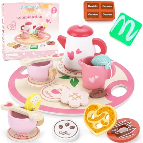 ZUSUZU Teeservice Kinderküche Zubehör,Teeservice Kinder Holz Spielküche Zubehör,Küchenspiele Holz,Holzs Teeservices für Kinderküche,Teeparty Spielküche Rollenspiele,Geschenk für Kinder Mädchen Jungen