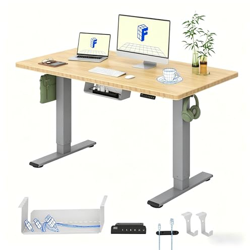 FLEXISPOT Höhenverstellbarer Schreibtisch 160×80 cm, Doppelmotor, Einteilige 19 mm Bambus-Tischplatte, 4 Speicherhöhen, LED Anzeige, Ergonomischer Büro- und Computertisch (Graues Gestell)